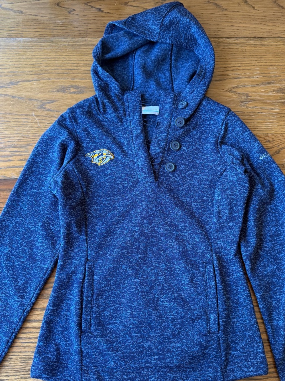 Columbia Navy Blue Hooded Pullover with Yellow Logo Accent